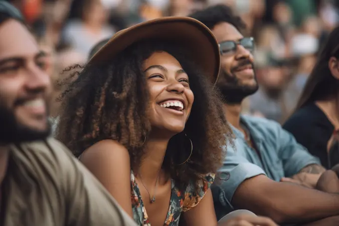 Cheerful African American woman watching game in stadium.Generative AI