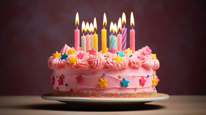 Girly pink Birthday cake with candles. Generative AI