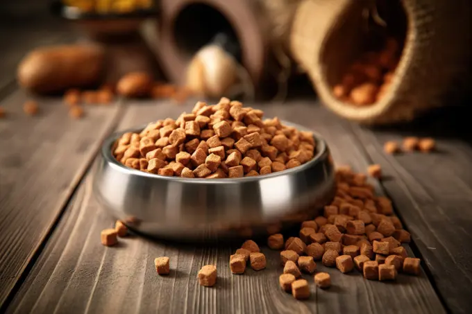 Dry kibble pet food over wooden floor. Generative AI