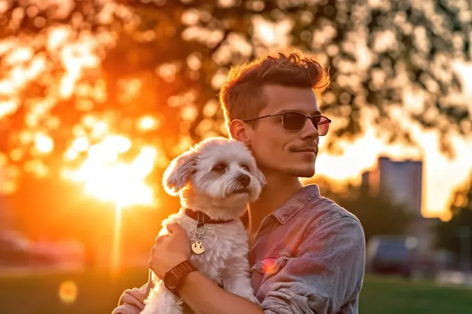 Young man with his dog in the park at sunset. Generative AI