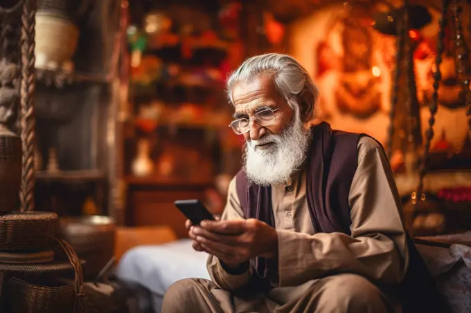 Elderly Indian man using smartphone. Generative AI