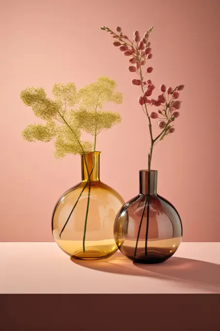 Glass vases with dry plants over pink shadowy atmosphere.Generative AI