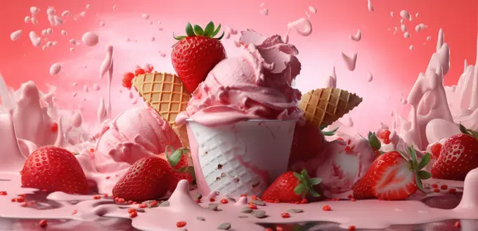 Strawberry ice cream advertisement banner. Generative AI