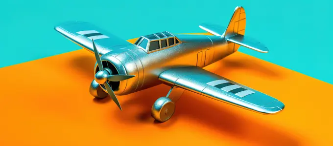 Miniature silver airplane over colorful background. Generative AI