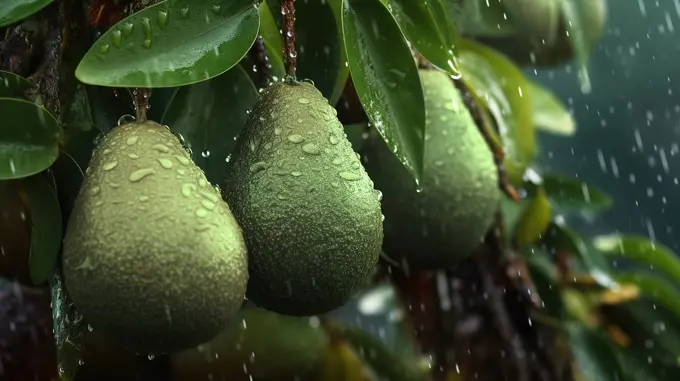 Fresh ripe avocados on tree under the rain. Generative AI
