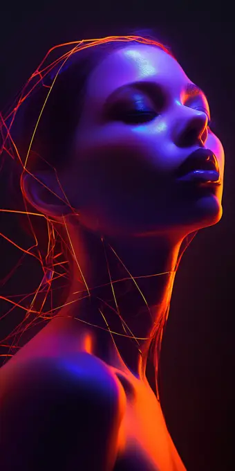 Modern neon light abstract woman face portrait. Generative AI