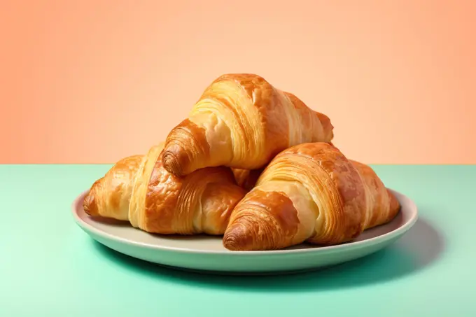 Fresh croissants on white plat over colorful background. Generative AI