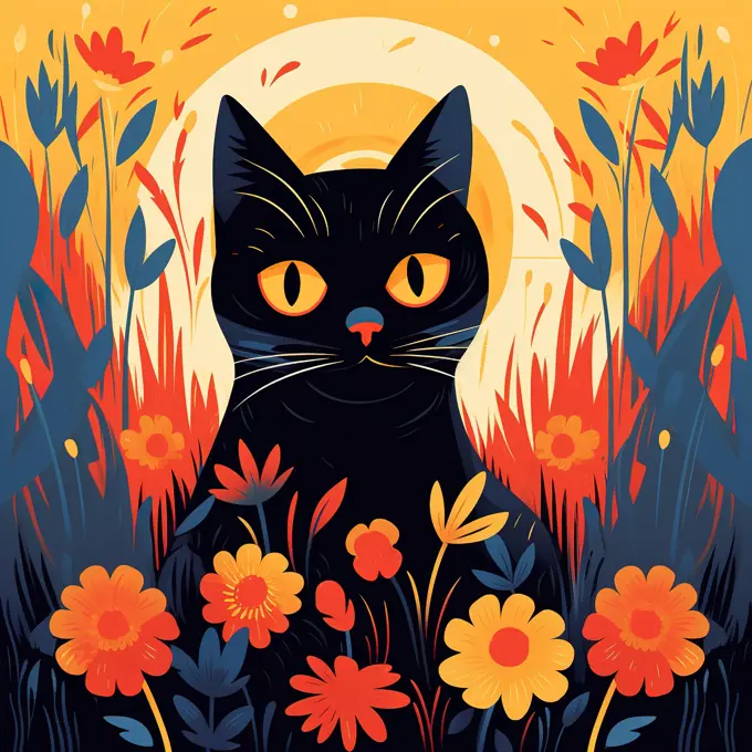 Cute flat design illustration of black cat with flowers. Generative A