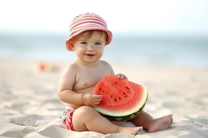 Cute baby girl eating watermelon at the beach. Generative AI