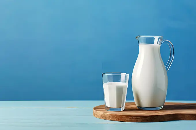 Glass jar of milk over blue background with copy space. Generative AI