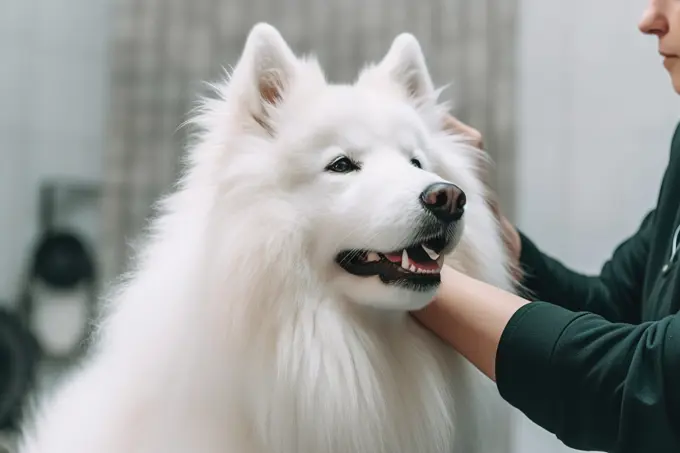 Vet checking white Samoyed dog hears. Generative AI