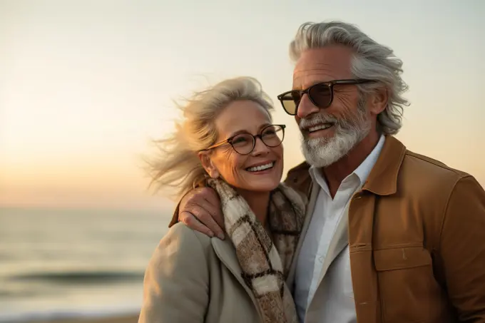 Senior retired couple enjoying walk by the beach. Generative AI