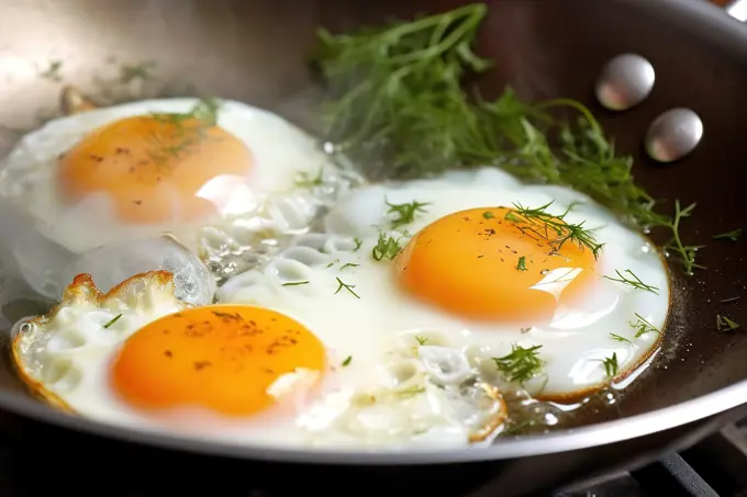Close shot of fried eggs cooking on a pan. Generative AI