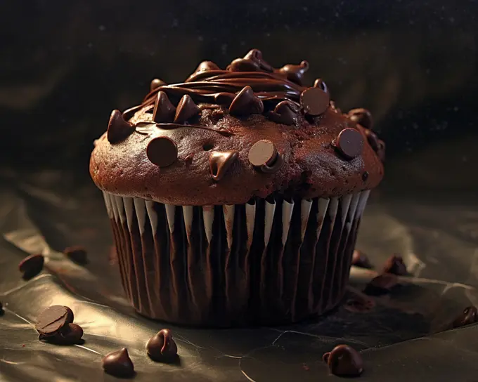 Chocolate cupcake with chocolate icing and chips. Generative AI