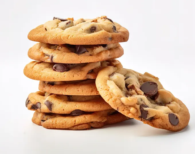 Cookies with chocolate chips over white background. Generative AI