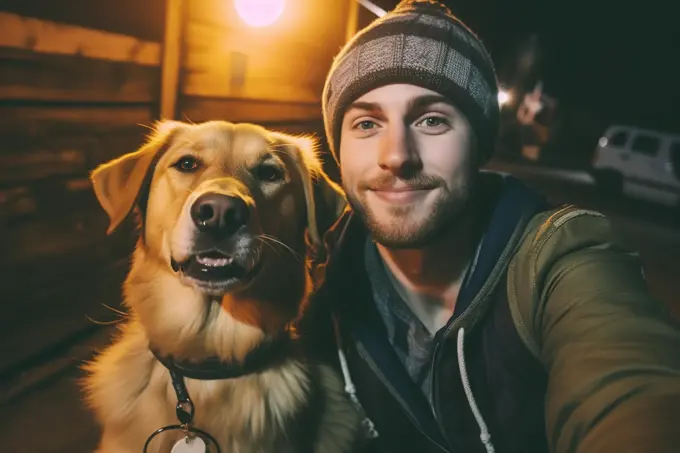 Young man and his dog selfie in the street at night. Generative AI