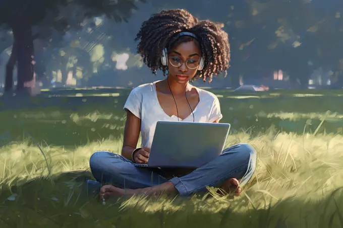 Illustration of afro girl sitting on grass with laptop. Generative AI