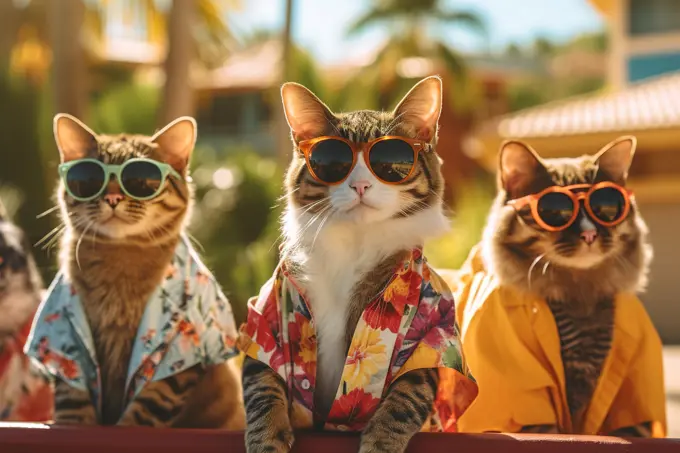 Three cats with Hawaiian shirts and sunglasses in Miami. Generative AI