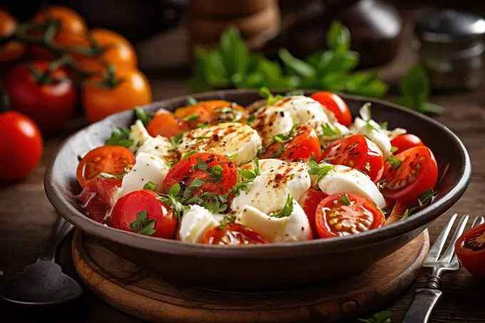 Mediterranean salad with mozzarella and cherry tomatoes. Generative AI