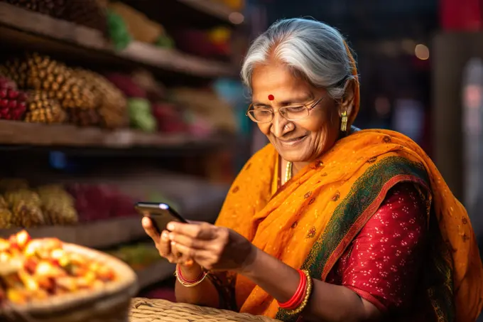 Elderly Indian woman using smart phone. Generative AI