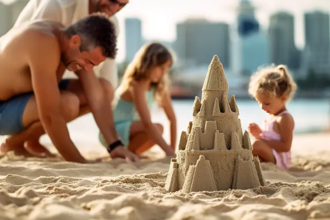 Family doing sandcastle on summer day on their vacations.Generative AI