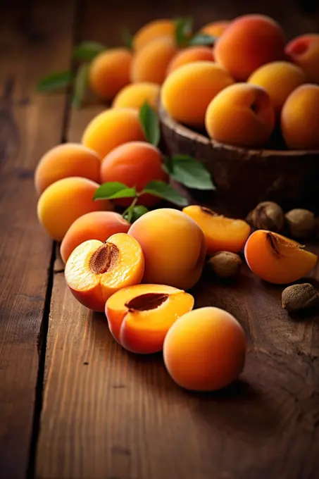 Organic ripe apricots over wooden table. Generative AI