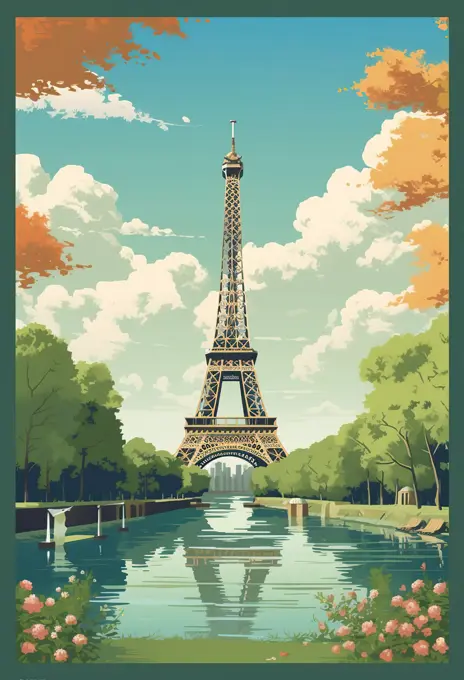 Illustration of travel poster of Eiffel tower in Paris. Generative AI