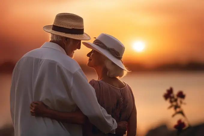 Romantic senior couple looking at sunset in vacations.Generative AI