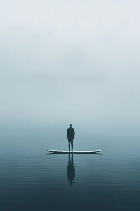 Lonely man standing on sup board among misty lake. Generative AI