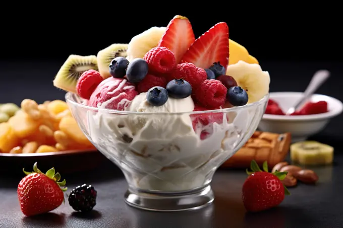 Frozen yoghurt served with fresh fruits, close up shot. Generative AI