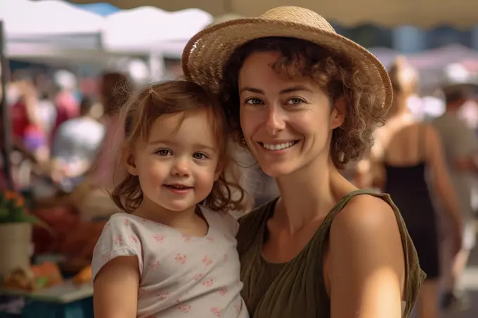 Mother with her little daughter at local farmer market.Generative AI