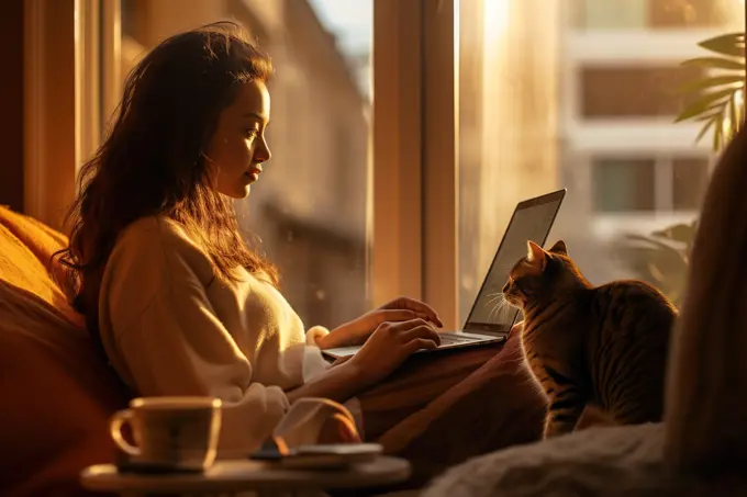 Young woman with laptop relaxing at home with her cat. Generative AI