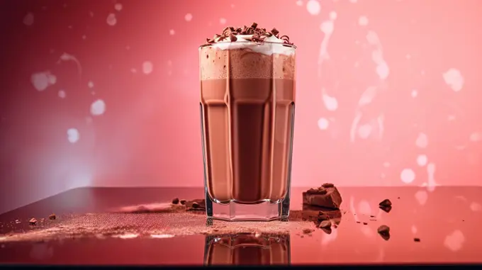 Chocolate milkshake over pink background. Generative AI