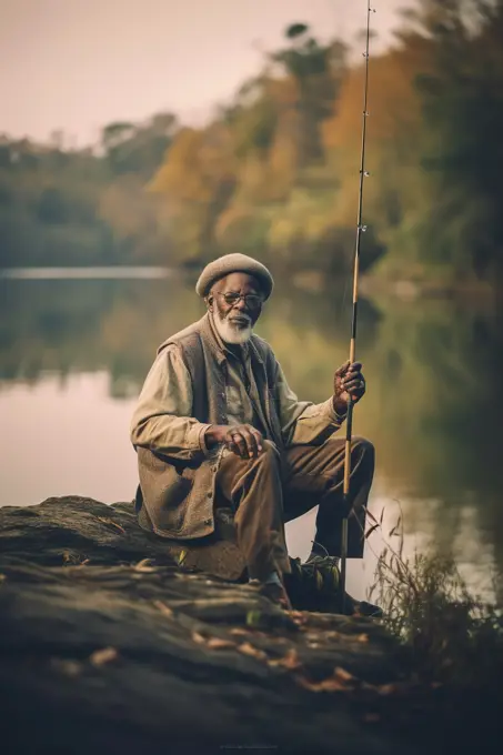 African-American retired man fishing in river bank. Generative AI