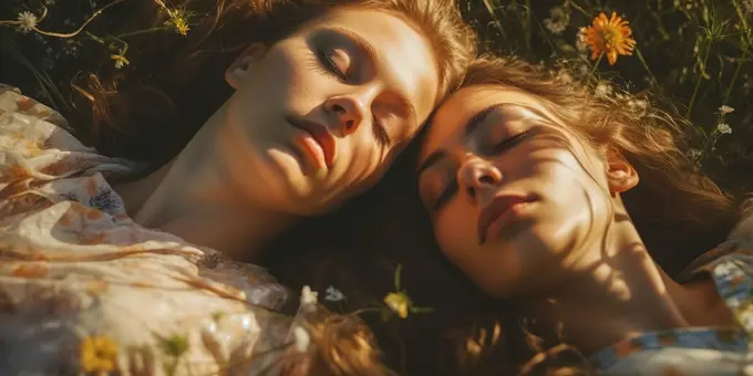 Two young women resting over green grass on a sunny day. Generative AI