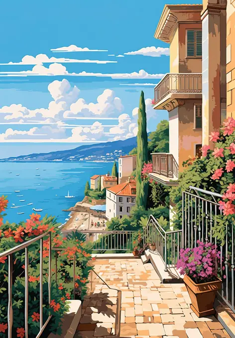 French Riviera travel postcard illustration. Generative AI
