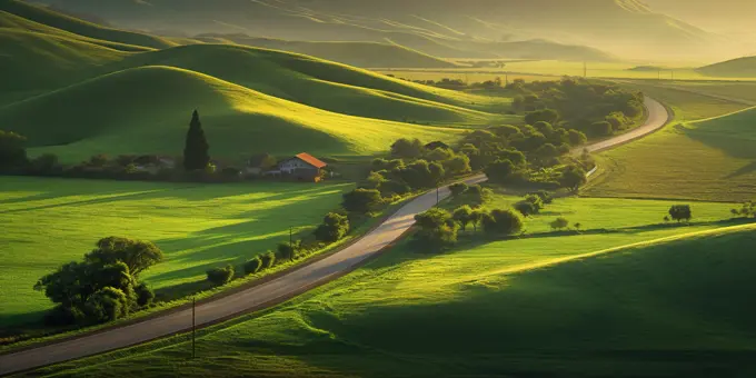 Rural road among green hills at sunset. Generative AI
