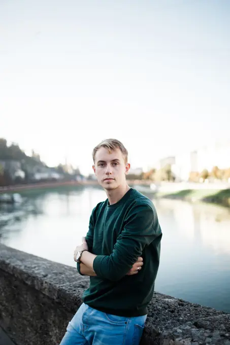 young man tourist on the streets of salzburg austria