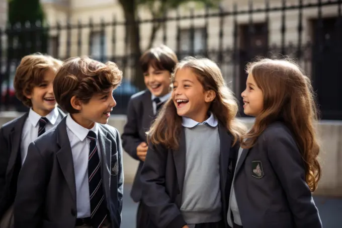 Schoolchildren in uniform at the entrance to school, Generative AI