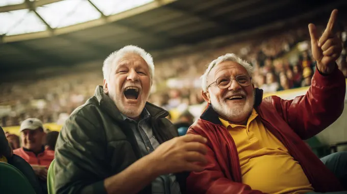 ai generative two senior men at stadium watching football match