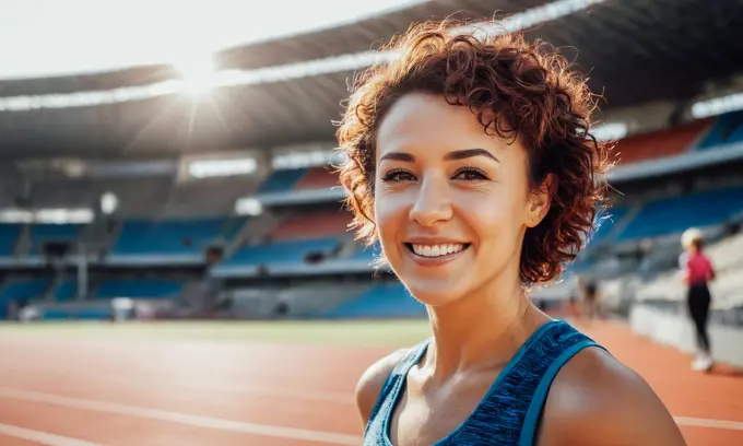 Portrait of a young female athlete at the Olympic stadium.
