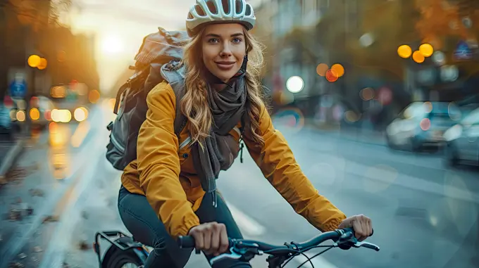 Caucasian woman rides her bike to work across town