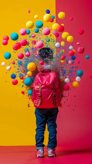 Child returns to school with backpack with colorful balls