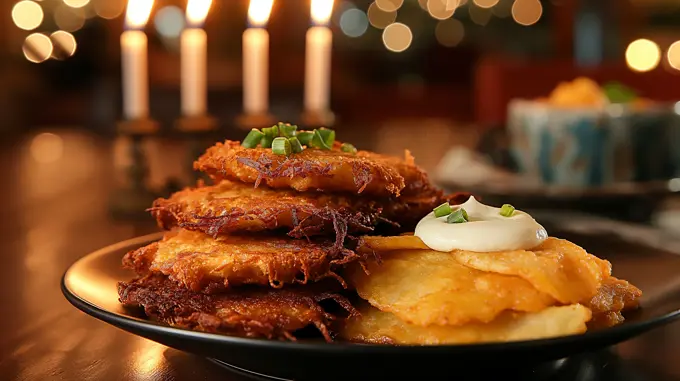 Stack of delicious potato pancakes being  for hanukkah celebration