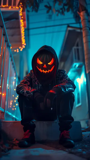 man custome halloween pumpkin head in a balcony neighborhood at night