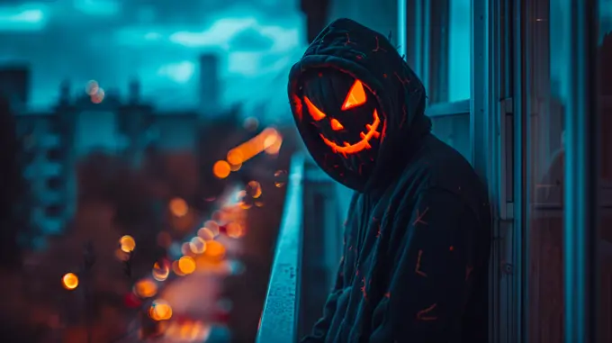 man custome halloween pumpkin head in a balcony neighborhood at night