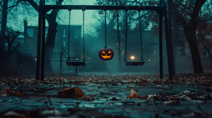 desolate playground at night, swaying halloween pumpkin head