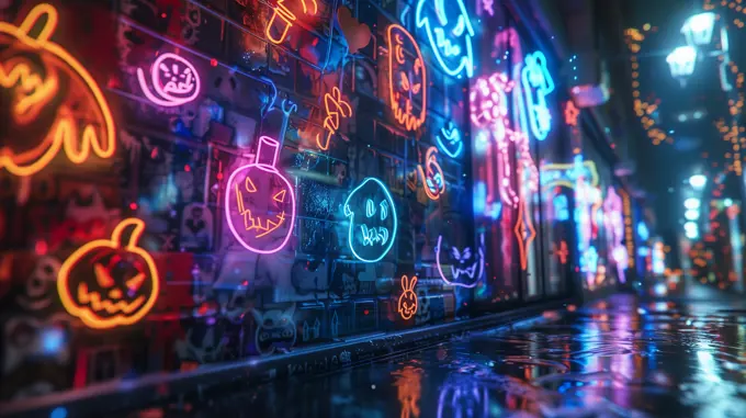 A montage of neon Halloween symbols flashing rapidly