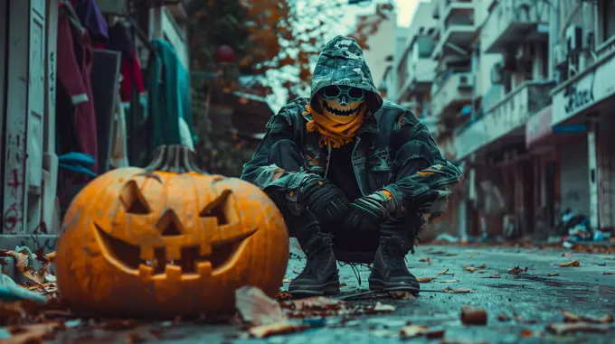 man Halloween pumpkin head on the urban street