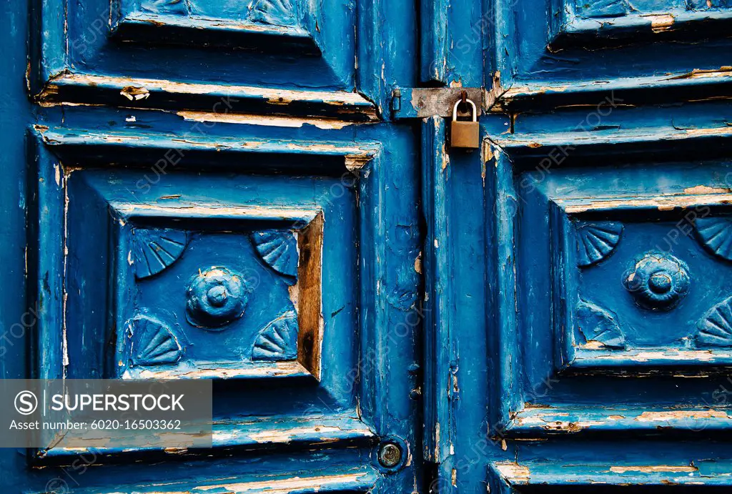 old blue wooden door detail, Salvador, Bahia, Brazil